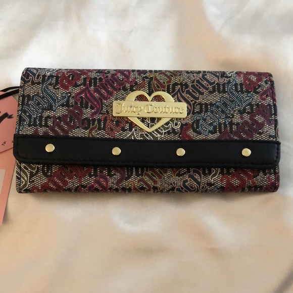 Juicy Couture Black Beige Multi Faux Leather Glam Elongated Flap Wallet NWT - Picture 12 of 13